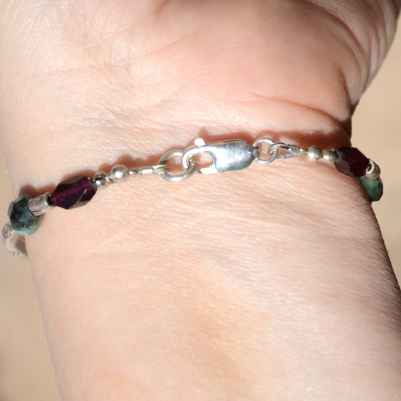 Genuine Emerald Garnet Sterling Silver Bracelet - Picture 7 of 7